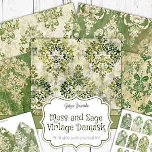 Moss & Sage Vintage Damast Junk Journal Kit, Ephemera, Junk Journal Printable, Journal Papier, Scrapbook, Musterseiten, GingerJournals