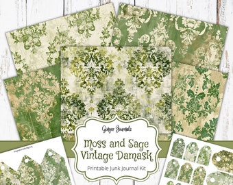 Moss & Sage Vintage Damast Junk Journal Kit, Ephemera, Junk Journal Printable, Journal Papier, Scrapbook, Musterseiten, GingerJournals