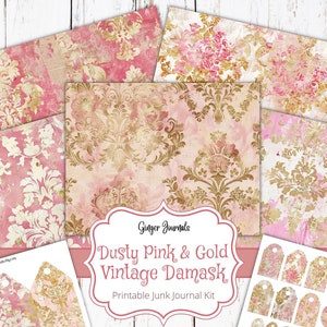 Kit de carnets vintage damassés rose et or, éphémères, journal indésirable imprimable, papier pour carnet, motifs de pages, journal rose, journal bohème