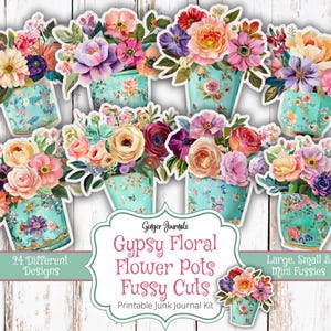 Macetas florales gitanas con cortes delicados, etiquetas para plantas, efímeras, diario floral, imprimible para diario basura, kit para diario basura, gitano, bohemio, bohemio