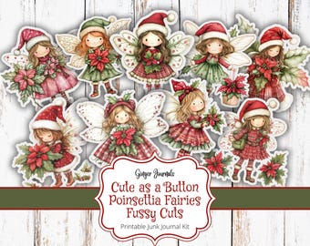 Poinsettia Fairies Fussy Cuts, Cute as a Button, Junk Journal Kit, Junk Journal Printable, Christmas Fussy Cuts, Christmas Gift Tags, CM