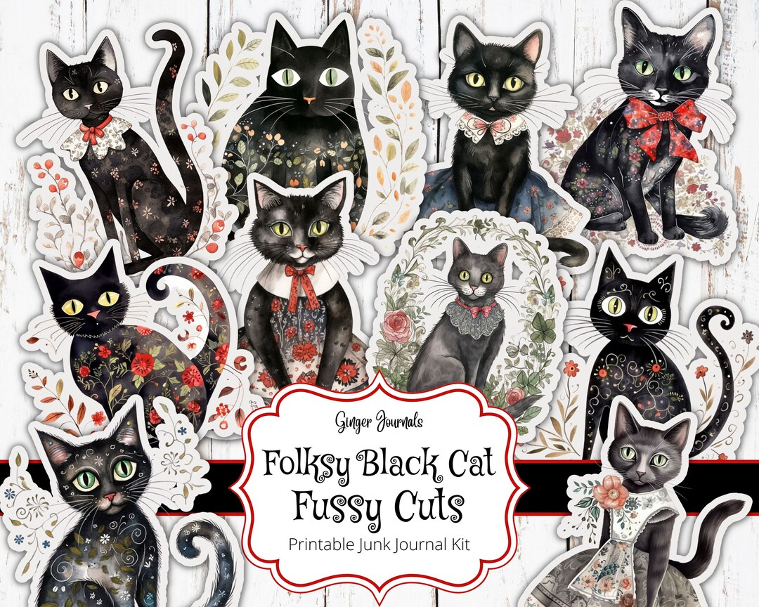 Black Cat Fussy Cuts, Cat Ephemera, Cat Add Ons, Junk