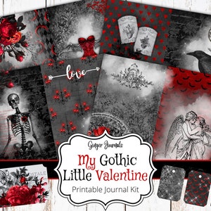 Puede incluir: Kit de diario imprimible con un tema gótico de San Valentín. El kit incluye 8 papeles digitales con diseños en blanco y negro, patrones rojo y negro y un esqueleto con un corazón. El kit también incluye 3 etiquetas imprimibles con diseños en blanco y negro y patrones rojo y negro. El texto en la imagen dice "My Gothic Little Valentine Printable Journal Kit".