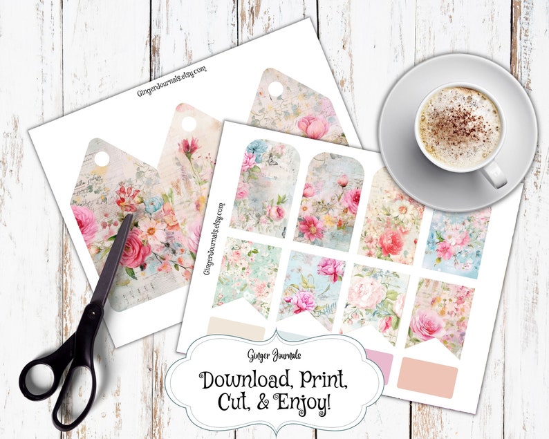 May include: Printable digital download of 10 vintage floral themed gift tags and banners. The tags feature a distressed background with pink, white, and blue flowers. The banners have a floral pattern with a light blue background. The text on the page reads "Download, Print, Cut, & Enjoy!"