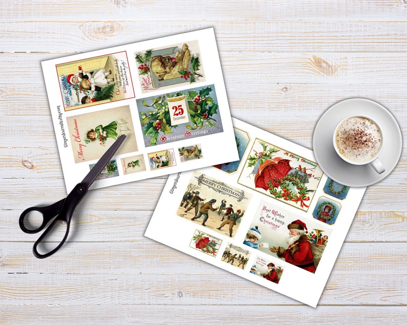 May include: Two sheets of paper with vintage Christmas images printed on them. The images include Santa Claus, children, and holiday greetings. The sheets are on a wooden surface with a cup of coffee and a pair of scissors.