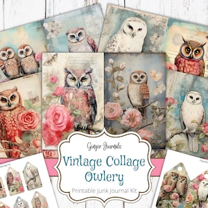 Vintage Collage Owlery Junk Journal Kit, Junk Journal zum Ausdrucken, Junk Journal Papier, Scrapbook, Schäbige Eule, Ephemera Eule, Eulen Journal