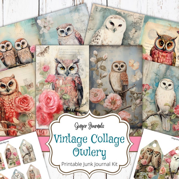 Vintage Collage Owlery Junk Journal Kit, Junk Journal Printable, Junk Journal Paper, Scrapbook, Shabby Owl, Ephemera Owl, Owl Journal