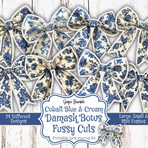 Shabby Damask Bows Fussy Cuts, Junk Journal Kit, Cobalt Blue and Cream, Blue Ephemera, Junk Journal Printable, Tags, Shabby Blue