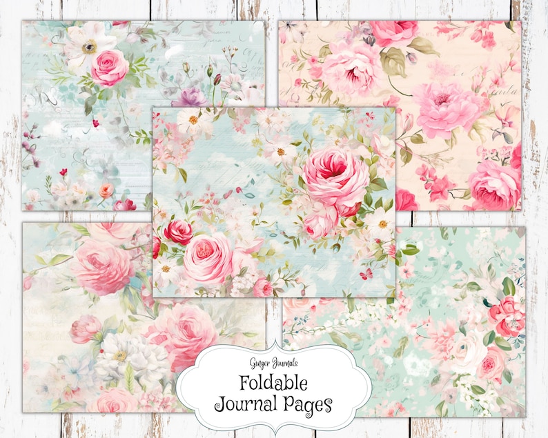 May include: Five printable journal pages with a floral pattern featuring pink roses, white flowers, and green leaves on a light blue background with a distressed wood texture. The text "Ginger Journals Foldable Journal Pages" is in a white oval frame.