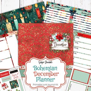 Pode incluir: Kit de planejador imprimível com um tema boêmio para dezembro. A capa apresenta um fundo vermelho com glitter dourado e uma coroa de flores com a palavra "Dezembro". O kit inclui páginas para listas de tarefas, listas de presentes, propagações semanais e muito mais.