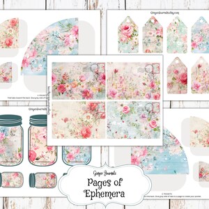 May include: Printable digital paper pack with floral designs, including jars, tags, pockets, and fan-shaped pages. The paper pack features a vintage aesthetic with a light blue and pink color scheme.