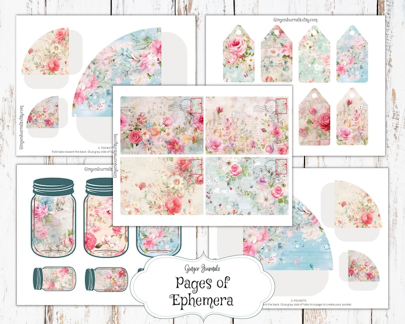 May include: Printable digital paper pack with floral designs, including jars, tags, pockets, and fan-shaped pages. The paper pack features a vintage aesthetic with a light blue and pink color scheme.