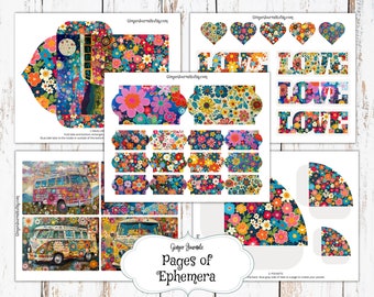 30 Page Hippie Junk Journal Kit, Flower Power, Junk Journal