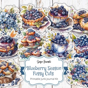 Blaubeere Fussy Schnitte, druckbares Junk Journal, Junk Journal Papier, digitaler Download, Blaubeer Ephemera, Garten Junk Journal, Blaubeeren