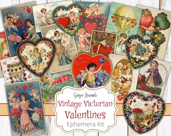 Vintage Valentines Ephemera Kit, Victorian Valentine Ephemera, Valentine Add Ons, Junk Journal Printable, Junk Journal Kit, Collage Paper,VT