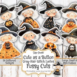 Graue Haare Hexe Damen Fussy Schnitte, süß wie ein Knopf, Junk Journal Kit, Halloween Journal Kit, Journal Printable, ältere Hexe, alte Hexe