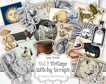 May include: A digital printable ephemera kit with a vintage witchy theme. The kit includes images of a cauldron, a heart, a snake, a crow, a sun, a moon, a bat, a frog, a bottle, a compass, a globe, and flowers.