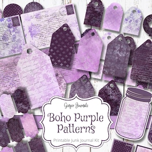 Kit de diário de sucata com padrões roxos boho, diário de sucata para impressão, complementos para diário, diário de sucata roxo, diário boho, itens efêmeros de lavanda