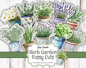 May include: A set of printable junk journal fussy cuts featuring various herbs in pots, including lavender, rosemary, dill, chives, and parsley. The image includes the text "Herb Garden Fussy Cuts" and "Printable Junk Journal Kit".