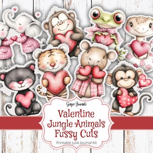 Valentine Jungle Animals Fussy Cuts, Valentines Animals, Junk Journal Kit, Junk Journal Printable, Valentines Journal, Valentine&#39;s, VT