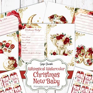 Grillige aquarel kerst nieuwe baby ongewenste dagboek kit, ongewenste dagboek afdrukbare, kerst ongewenste dagboek, kerst babyshower, babylabels