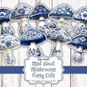 Boho Blue Mushroom Fussy Cuts, Mushroom Ephemera, Junk Journal Printable, Mushroom Tags, Mad About Mushrooms, Blue Cupcake Toppers