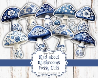 Boho Blue Mushroom Fussy Cuts, Mushroom Ephemera, Junk Journal Printable, Mushroom Tags, Mad About Mushrooms, Blue Cupcake Toppers