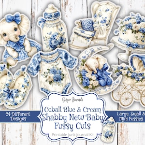 Shabby New Baby Fussy Cuts, Junk Journal Kit, Cobalt Blue and Cream, Ephemera, Junk Journal Printable, Blue Baby Shower, Baby Shower, Tags