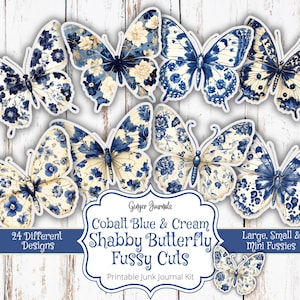 Shabby Butterfly Fussy Cuts, Zestaw Junk Journal, Kobaltowy niebieski i kremowy, Niebieskie drobiazgi, Junk Journal do druku, Tagi, Shabby Blue, Motyle