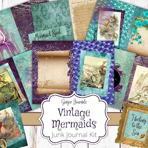 kit de journal indésirable vintage sirènes, journal indésirable imprimable, journal indésirable sirène, papier de scrapbooking, pages de journal, éphémères, fantastique, FY, WT
