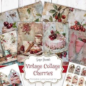 Kit de diario basura vintage de 30 páginas con collage de cerezas, imprimible, efímera de cerezas, diario de verano, cerezas