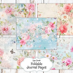 May include: Four printable journal pages with a floral design. The pages feature pink and white flowers with blue and green leaves on a light blue background. The text "Ginger Journals Foldable Journal Pages" is in the center of the image.