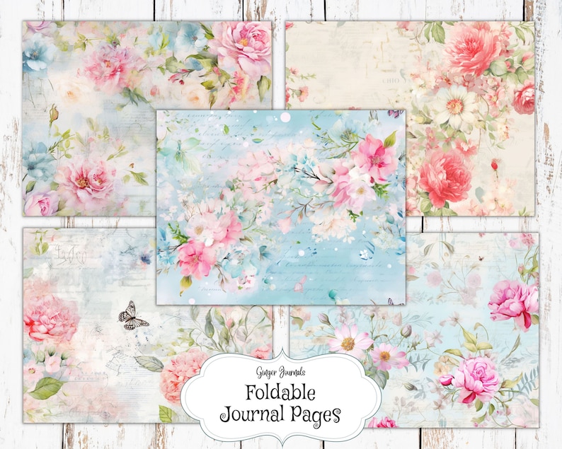 May include: Four printable journal pages with a floral design. The pages feature pink and white flowers with blue and green leaves on a light blue background. The text "Ginger Journals Foldable Journal Pages" is in the center of the image.