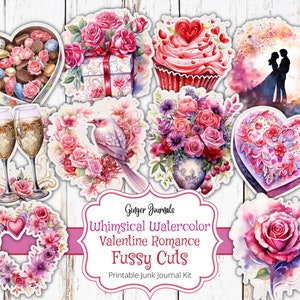 Whimsical Watercolor Valentine Fussy Cuts, Junk Journal Kit, Junk Journal Printable, Valentine&#39;s Day Junk Journal, Valentine Ephemera, VT