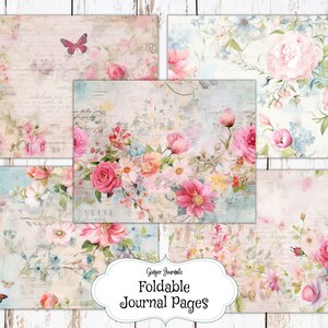 May include: Five printable journal pages with a vintage floral design. The pages feature pink, white, and blue flowers with a distressed background. The text "Ginger Journals Foldable Journal Pages" is at the bottom of the image.