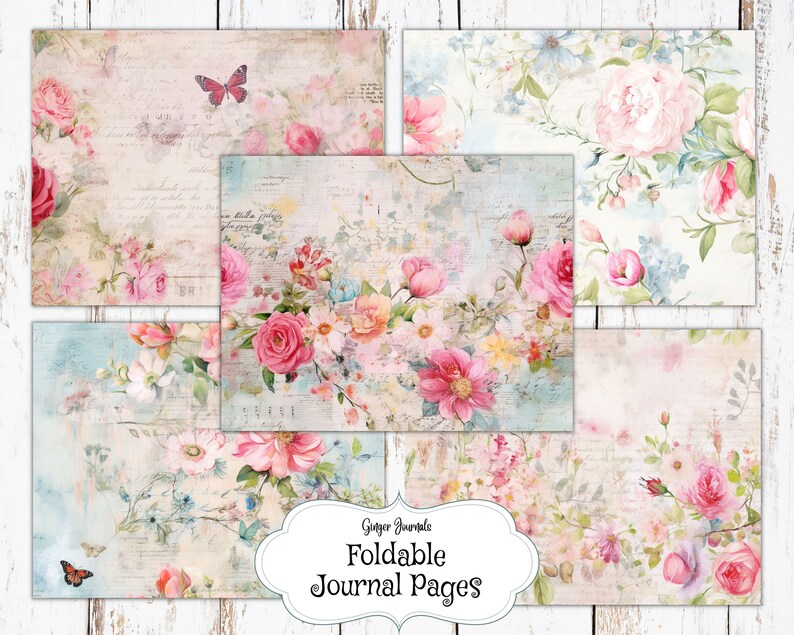 May include: Five printable journal pages with a vintage floral design. The pages feature pink, white, and blue flowers with a distressed background. The text "Ginger Journals Foldable Journal Pages" is at the bottom of the image.