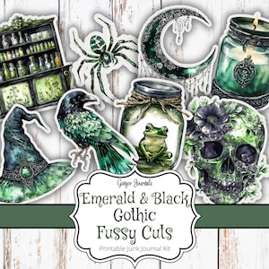 May include: A printable junk journal kit with a green and black color scheme. The kit includes images of a witch's hat, a crow, a jar with a frog, a skull with flowers, a spider, a moon, and a jar with a candle. The kit is titled "Emerald & Black Gothic Fussy Cuts".