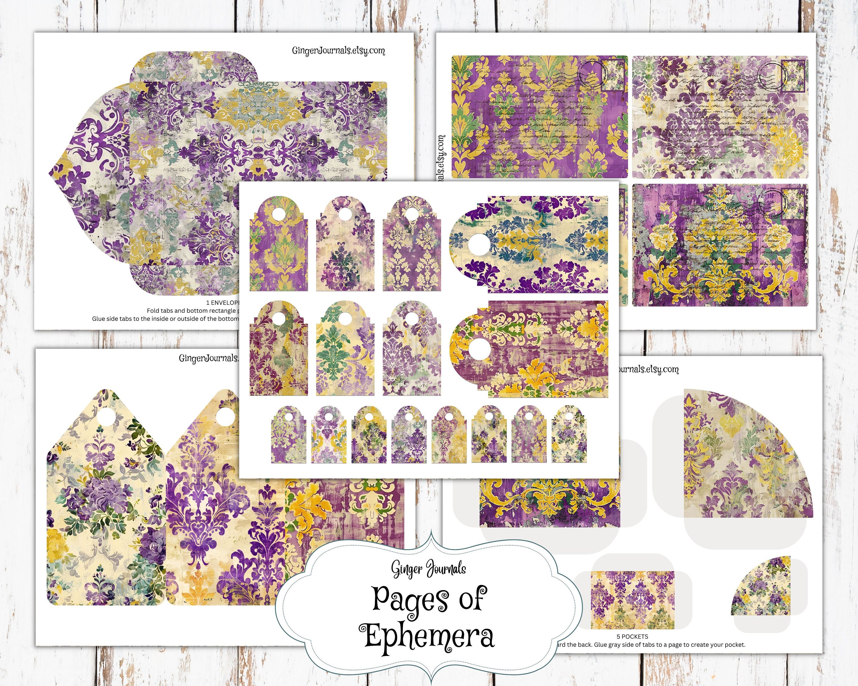 HIME PURPLE 展示品 30 Page Violet & Yellow Vintage Damask Junk Journal Kit