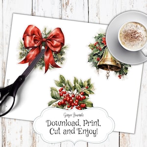 May include: Printable Christmas ornaments featuring a red bow, holly with red berries, and a gold bell. The text "Ginger Journals Download, Print, Cut and Enjoy!" is at the bottom of the page.