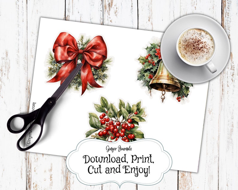 May include: Printable Christmas ornaments featuring a red bow, holly with red berries, and a gold bell. The text "Ginger Journals Download, Print, Cut and Enjoy!" is at the bottom of the page.