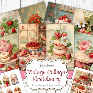 Kit de diario basura con collage vintage de fresas, imprimible para diario basura, papel para diario basura, efímera de fresas, diario de verano, fresas