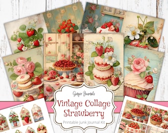 Vintage Collage Strawberry Junk Journal Kit, Junk Journal Printable, Junk Journal Paper, Strawberry Ephemera, Summer Journal, Strawberries