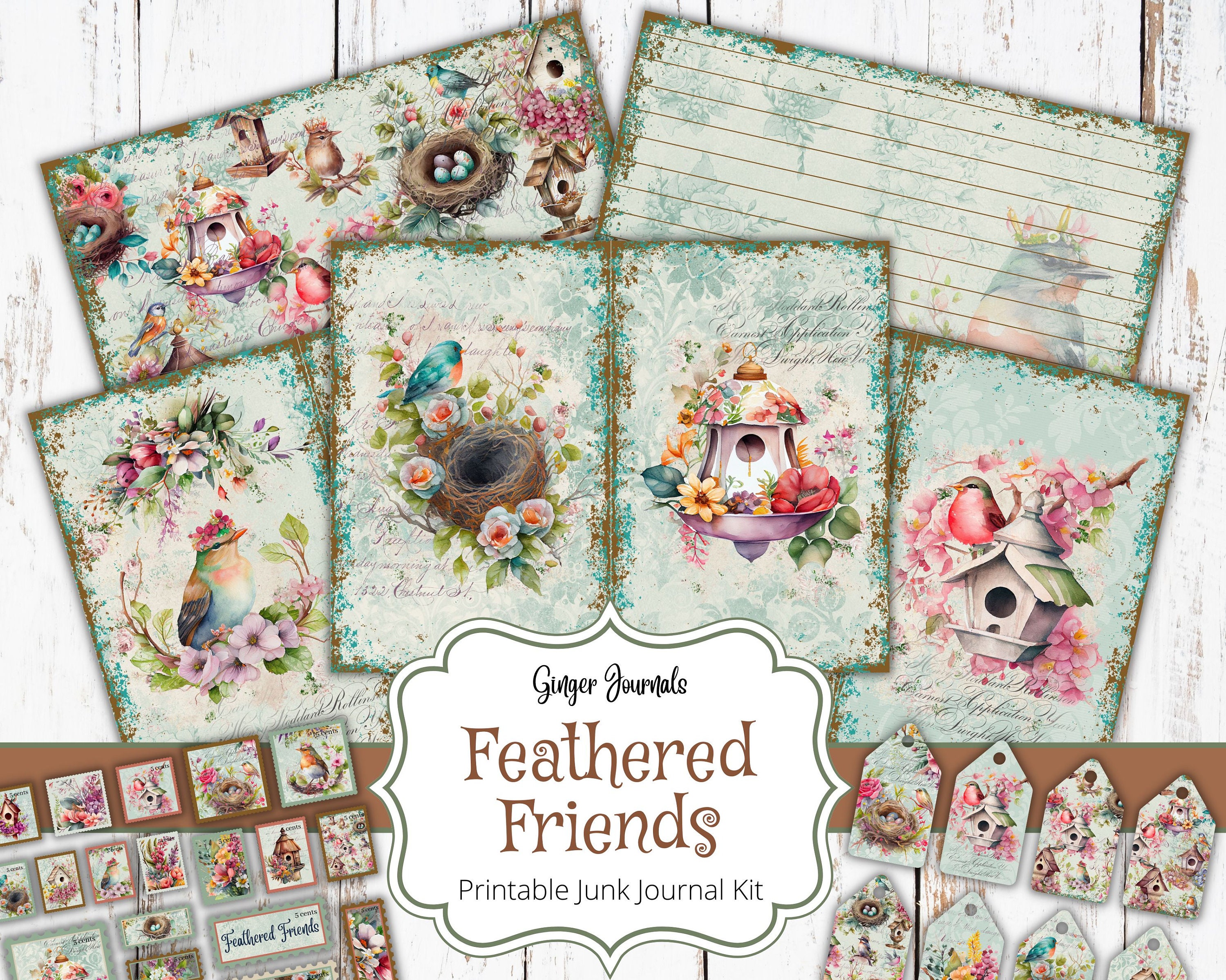 バードジャンクジャーナルキット、ジャンクジャーナル印刷物、羽のある