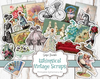 Könnte beinhalten: Ein Set mit druckbarem Vintage-Scrapbook-Papier mit skurrilen Illustrationen von einem Einhorn, einem Fahrrad, einem Sofa, einem Vogel, einer Teekanne, einem Fächer, einem Kleid, einem Blumenstrauß und einem Paar Engeln. Das Papier ist perfekt zum Basteln und Scrapbooken.