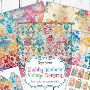 Shabby Rainbow Vintage Damast Junk Journal Kit, Ephemera, Afdrukbaar Junk Journal, Journaalpapier, Plakboek, Patroonpagina's, GingerJournals