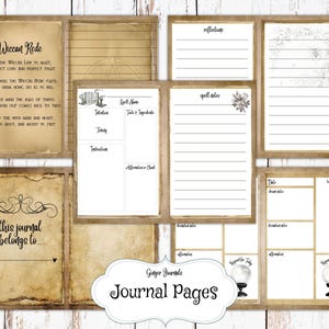 May include: Printable journal pages with a vintage aesthetic. The pages feature a variety of layouts, including space for spell work, reflections, and affirmations. The pages are decorated with a witchy theme, including a crystal ball, a crescent moon, and a floral design.