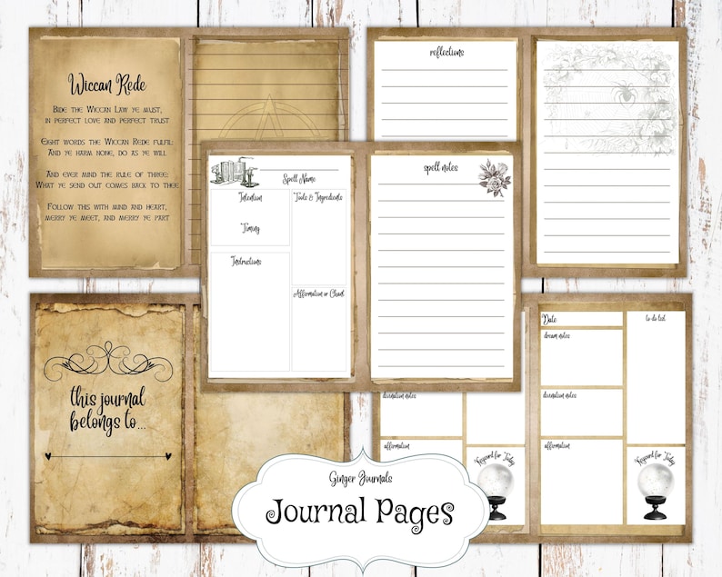 May include: Printable journal pages with a vintage aesthetic. The pages feature a variety of layouts, including space for spell work, reflections, and affirmations. The pages are decorated with a witchy theme, including a crystal ball, a crescent moon, and a floral design.