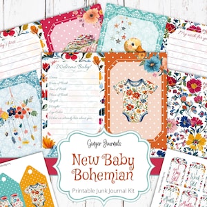 Kit de diário de bebê, Boho Baby, diário de bebê para imprimir, diário de bebê com itens efêmeros, álbum de recortes para bebê, diário de chá de bebê, Boho