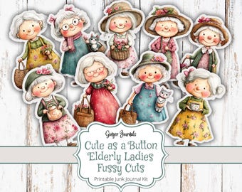 Elderly Ladies Fussy Cuts, Cute As A Button, Junk Journal Kit, Old Woman Journal Kit, Junk Journal Printable, Ginger Journals