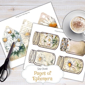 May include: Printable digital paper pack with images of mason jars, daisies, and vintage journal pages. The paper pack is titled "Pages of Ephemera" and is from Ginger Journals.